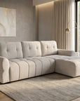 Canapé d'angle convertible avec coffre en velours chiné beige MAHLONE - Angle droit