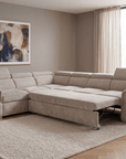 Canapé panoramique convertible avec coffre en velours chiné beige GAELLE - Angle droit