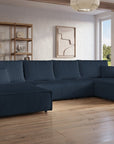 Canapé panoramique convertible avec coffre en velours cotelé bleu foncé - JADE