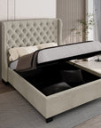 Lit coffre capitonné en tissu lin beige FLORINE 160 x 200 cm