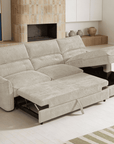 Canapé d'angle convertible avec coffre de rangement en velours chiné beige SAMINA - Angle droit
