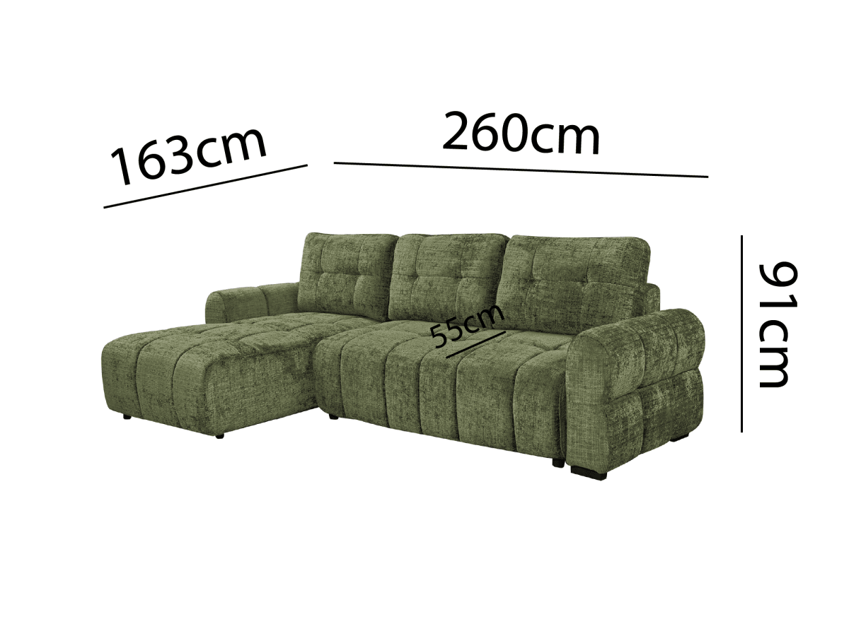 Canapé d'angle convertible avec coffre en velours chiné vert olive MAHLONE - Angle gauche