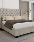 Lit coffre capitonné en tissu lin beige FLORINE 160 x 200 cm