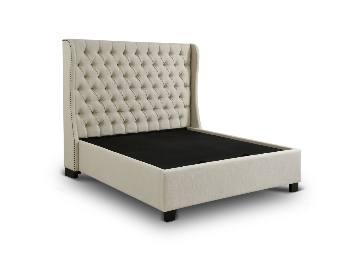 Lit coffre capitonné en tissu lin beige FLORINE 160 x 200 cm
