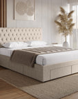 Lit double avec 4 tiroirs en lin beige 160x200 cm LEANDRE