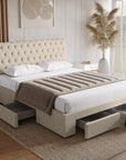 Lit double avec 4 tiroirs en lin beige 160x200 cm LEANDRE