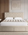 Lit double avec 4 tiroirs en lin beige 160x200 cm LEANDRE