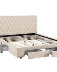 Lit double avec 4 tiroirs en lin beige 160x200 cm LEANDRE