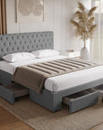 Lit double avec 4 tiroirs en lin gris 140x190 cm LEANDRE